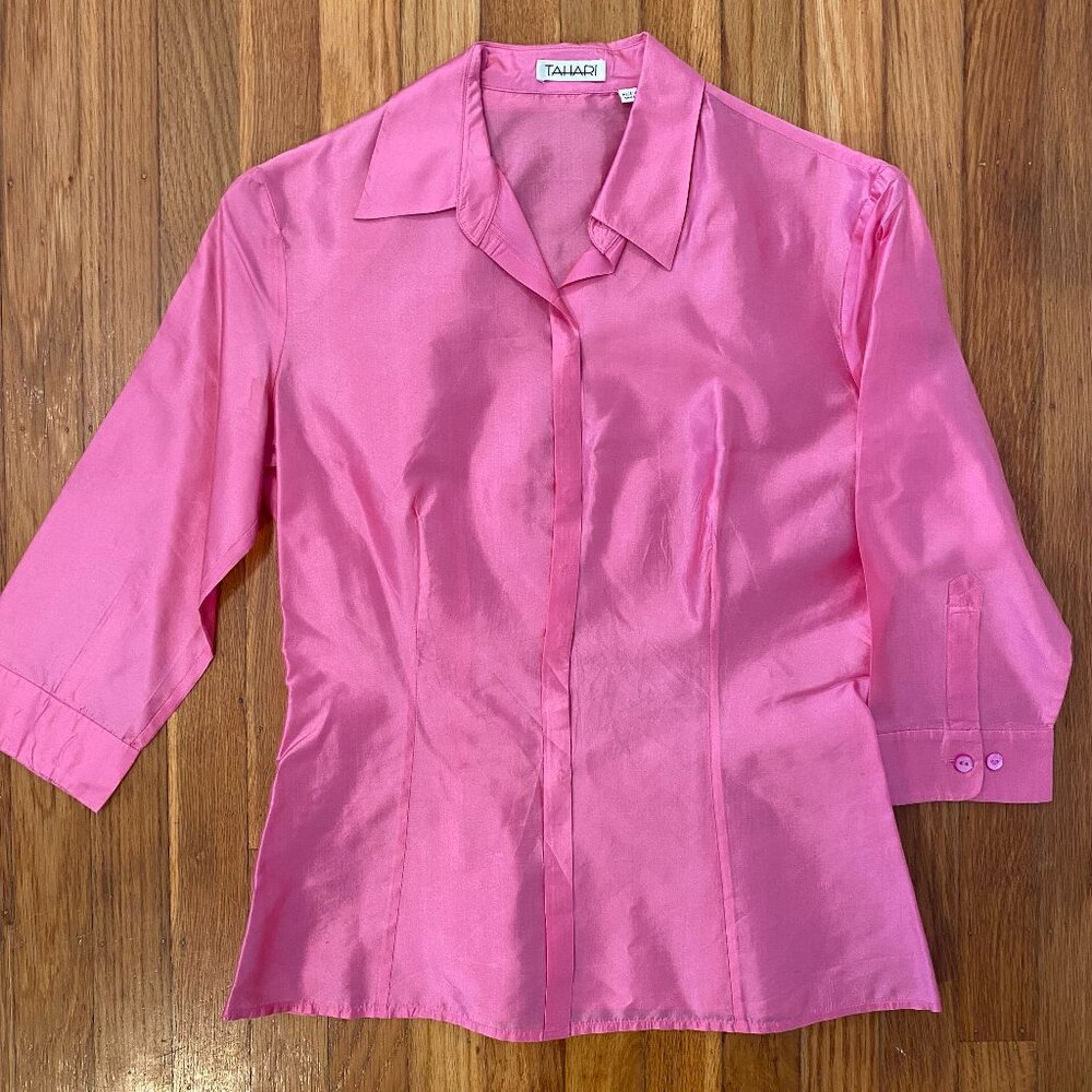 Tahari pink silk blouse, size 4, slim fit